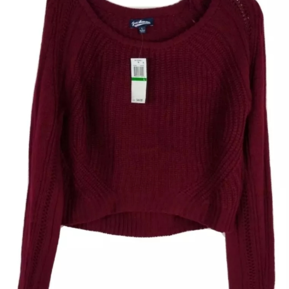 Freshman Burgundy Chunky Knit Long Sleeve Junior Size Large Cropped Sweater New